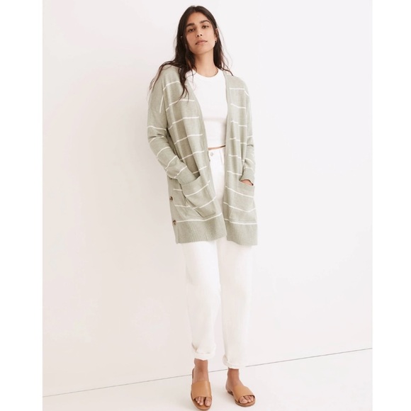Madewell Stripe Marlton Side-Button Sage Green Oversized Cardigan Sweater Size M - Picture 8 of 9